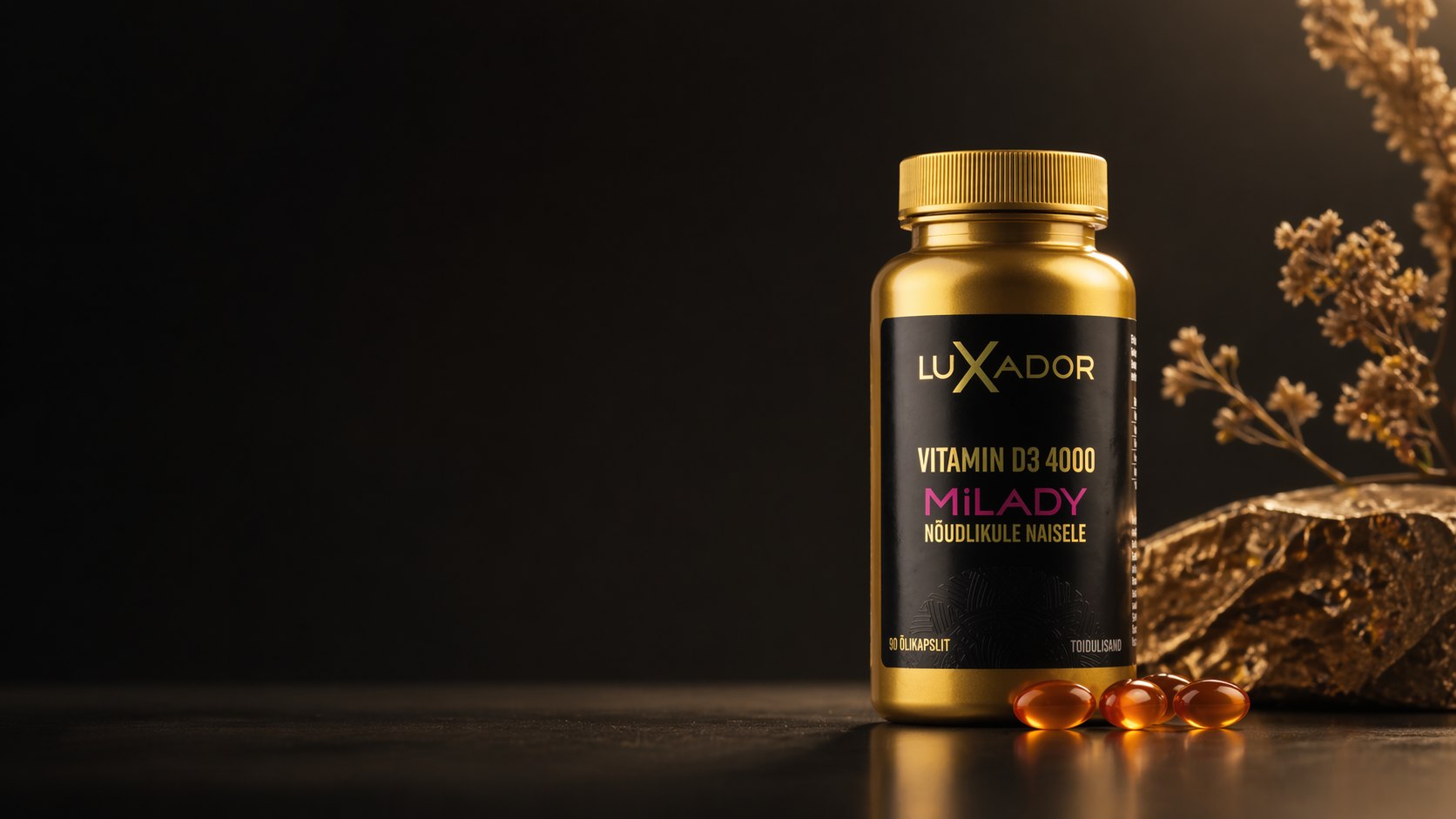 Luxador Vitamin D3 4000 MiLADY õlikapslid tumedal premium taustal