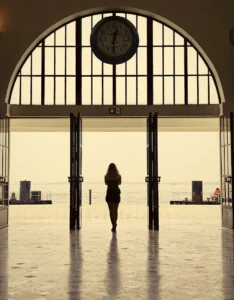 Person walking through Porto railway station’s main hall toward light (Inimene kõnnib Porto rongijaama peasaalis valguse suunas)
