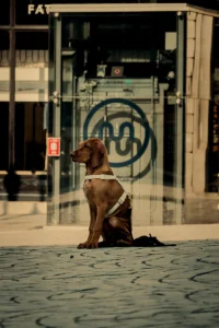 Brown dog sitting alone on city sidewalk in front of glass facade in Porto (Pruun koer istub üksi linnatänaval klaasfassaadi ees Portos)