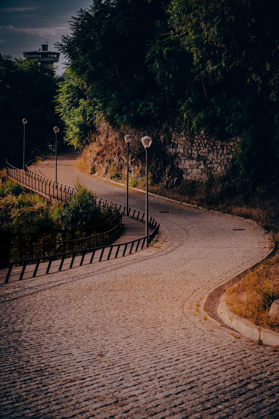 Winding cobblestone road descending through dense greenery, with lamp posts along the edge (Rahulik stseen, mägitee kuskil Lõuna-Euroopas – tõenäoliselt Portugalis)