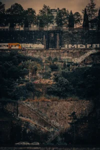 Train passing through terraced hillside in outskirts of Porto (Rong sõidab läbi terrassilise mäekülje Porto äärelinnas)