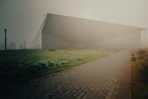Foggy morning view of modern building with stone-paved walkway (Arhitektuurne minimalism, udu loob atmosfääri)