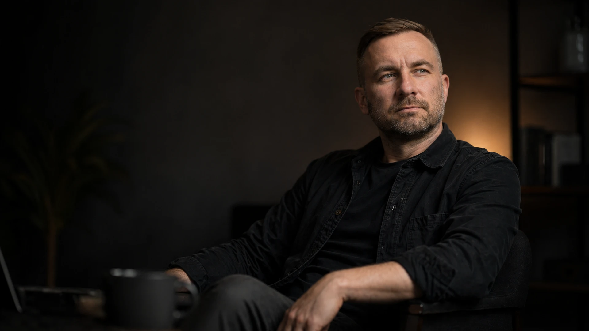 Anti Soosaar tööruumis sülearvuti ja kohvitassiga