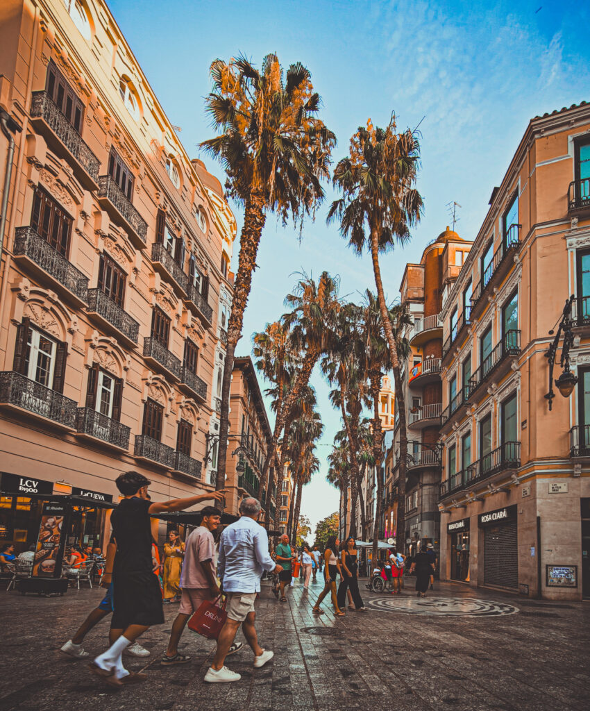 A palm-lined street in central Málaga, with people walking between light-coloured buildings.